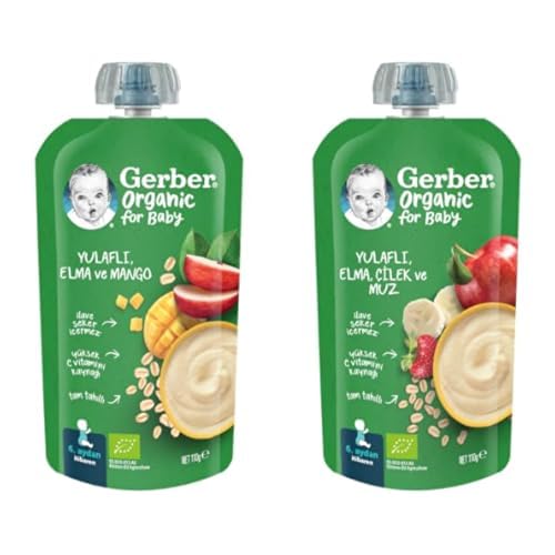 Gerber Organik Yulaflı Elma ve Mango Püresi 8x110g ve Gerber Organic Yulaflı Elma, Çilek ve Muz Püre 8x110g​