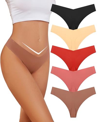 VOENXE Tangas Bragas Mujer Sin Costuras,Talle Bajo V-Waist Women Braguitas Lencería,Sexy Underwear,Microfibra Brasileñas CóModos Ropa Interior, Transpirable Panties,Multi Pack De 5
