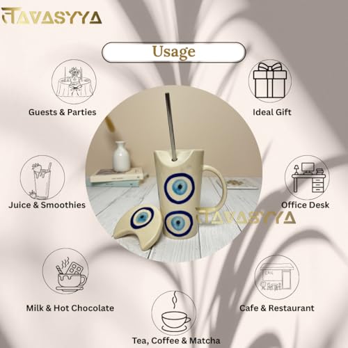 Image of Handmade Ceramic Mug, 450ml Tumbler with Lid & Straw - Cream with Blue Evil Eye Design, Cup for Hot & Cold Beverages - Coffee, Tea, Milk | Microwave & Dishwasher Safe | Perfect for Gifting