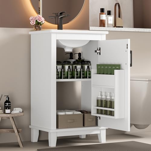 Merax Bodenstehender Badezimmerschrank, Waschtisch, Waschtisch,komplett lackiert, Türregale, verstellbare Regale, integriertes Keramikwaschbecken, geeignet für kleine Räume, weiß, 51x34x83cm