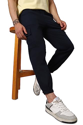 Image of Hubberholme Men's Regular Fit Cotton Trousers, Ankle Length Button Closure Elasticated Waist Cargo Joggers