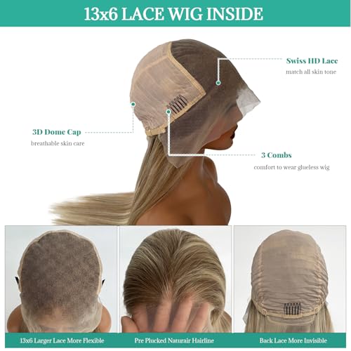 Image of Munx Long 30 Inch 13x6 Highlight Human Hair Wig Thick 180% Density Full Ends Balayage Ombre Brown to Blonde Glueless Lace Frontal Wigs Pre Plucked with Natural Hairline