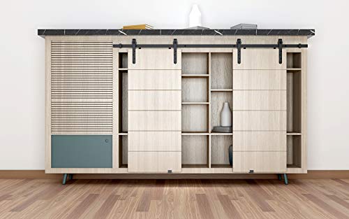 DIYHD 1524 mm Quincaillerie de porte de grange coulissante à double rouleau noir mini petite sangle pour accrocher 2 portes (pas d'armoire en bois) Cover