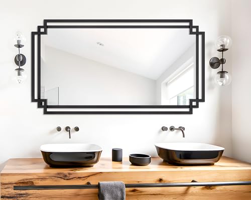 Image of 28 inch x 55 inch Living Room Mirror for Wall Decor, Large Decorative Mirror with Metal Frame, Modern Black Wall Decor for Bathroom, Entrance, Bedroom, Horizontal or Vertical