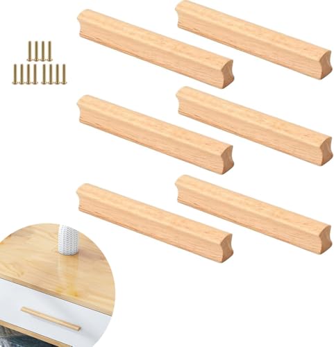 ACTIUSIS Lot de 6 poignées de meubles en bois, poignées d'armoire en bois avec vis, espacement des trous 160 mm, pour armoires, salles de bains, bureaux et...