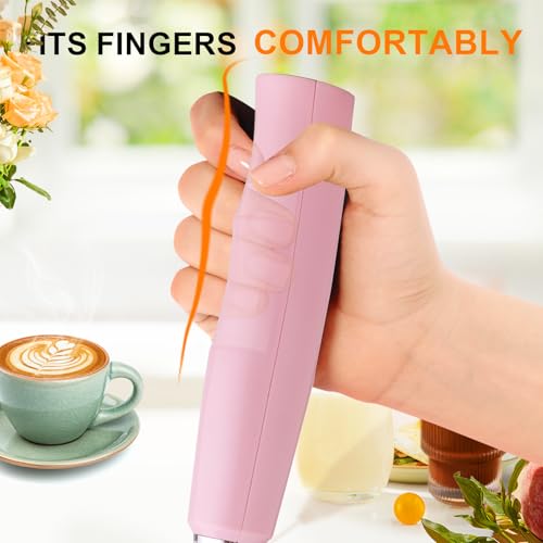 Image of YUSWKO Pink Handheld Milk Frother Wand with Stand for Coffee, Rechargeable Electric Whisk with 3 Heads 3 Speeds Drink Mixer Coffee Frother For Latte, Cappuccino, Hot Chocolate, Egg