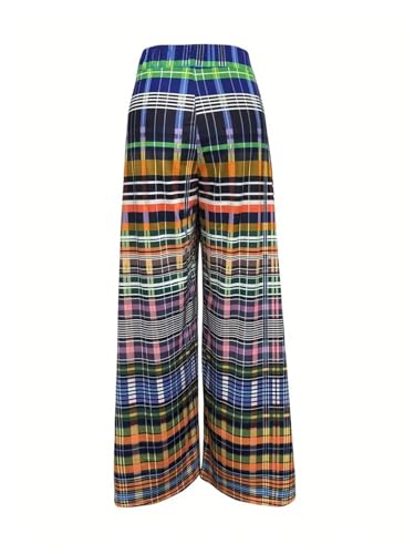 Women's Wide Leg Palazzo Plaid Pants Elastic Waist Baggy Beach Vacation Long Pants Trousers2