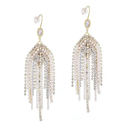 Fringe Dangling Tassel Earrings for Women Handcrafted Chandelier Long Bohemian Beaded Cubic Zirconia Crystal Imitation Pearls Inlay Statement Boho Chain Hook Earrings for Wedding Party