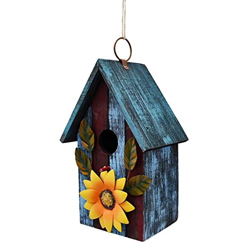 Wooden Decorative Birdhouse Hand Painted Hanging Bird House with Sunflower Garden Farmhouse Decor Outdoor Bird Nest for Sparrow Finch Hummingbird and Bluebirds Blue