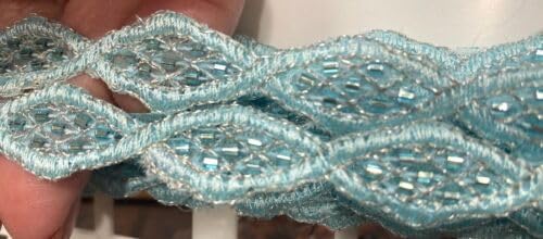 Aqua Blue Embroidered Beads Scalloped Oval Hand Sewn 3/8