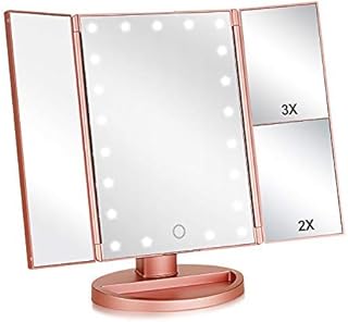 Flymiro Lighted Vanity Makeup Mirror 1x/2x/3x Magnification ,Vanity Mirror Tri-fold with 21 LED Lights and Touch Screen,180° Rotation Countertop Cosmetic Travel Mirrors