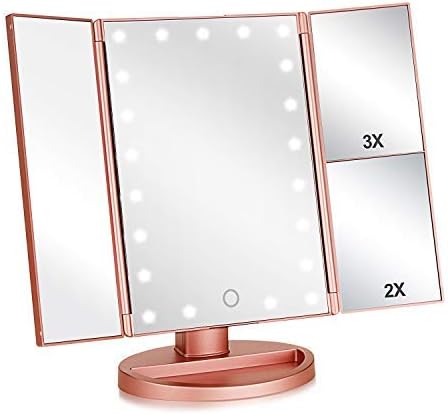 Flymiro Lighted Vanity Makeup Mirror 1x/2x/3x Magnification ,Vanity Mirror Tri-fold with 21 LED Lights and Touch Screen,180° Rotation Countertop Cosmetic Travel Mirrors