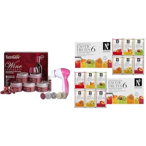 NutriGlowInstant Glow Beauty Wine Facial kit with Goodness Of Red Grape Extracts With Free 5 in 1 Face Massager for FacialNatural’s Exotic Fruit Facial Kit Pack of 2 (60 Gm Each)