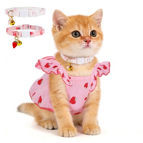 Strawberry Print Cotton Cat Dog Costumes with 2 Adjustable Collar with Bow Kitten Outfits for Girl Cats Pink White Pet Clothes for Small Dogs & Cats S