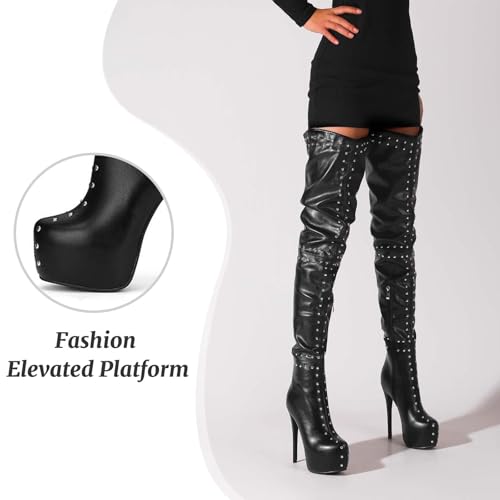 Over The Knee Boots for Women – Sexy Platform Stiletto Heels with Studded Design for Party and Club Wear Fashion Black Tight High Boots with Heel4