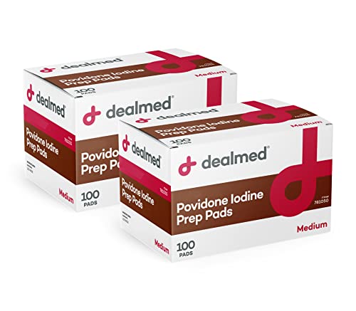 Dealmed Povidone Iodine Prep Pad 10% - Individually Sealed Packets Perfect for Wound Care and Portable First Aid Kits, 100/Box (Pack of 2)