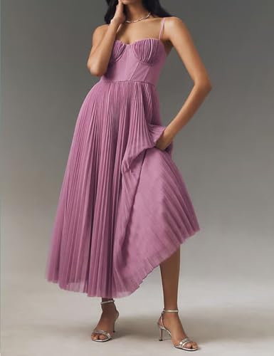 Women's Pleated Chiffon Flowy Corset Tea Length Formal Evening Party Wedding Guest Dresses2