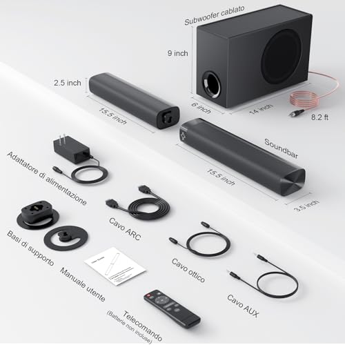 Garagerock Sound Bar Con Subwoofer Per Tv, 110W Altoparlanti Soundbar Con Deep Bass&Aumento Del Volume&3 Modalità Eq, Bluetooth 5.3/Arc/Opt/Aux, Sistema Audio Surround Per Tv/Pc/Proiettori, 1 Set - 7