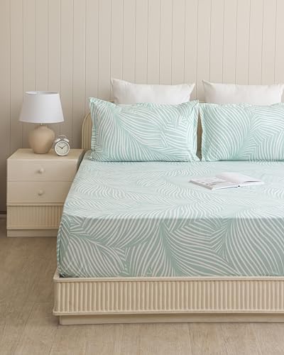Image of HOMEMONDE Single Size Bedsheet | Cotton Flat Sheet with One Pillow Cover | 186 TC |Feather Design| All-Season Soft Bedsheet for Single Bed (60 x 90 Inch /152 x 229 cm, Mint Green Feather)