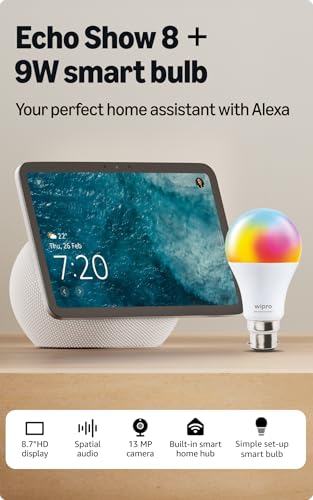 Image of Amazon Echo Show 8 (newest model), vibrant 8.7 inch HD display with spatial audio & Alexa, new sleek design, Glacier White, combo with wipro 9W smart bulb