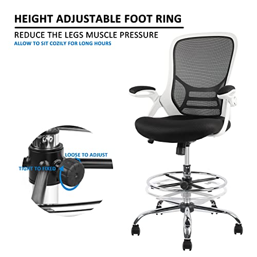 Image of HYLONE Drafting Chair, Tall Office Chair Mesh Standing Desk Stool with Adjustable Foot Ring, Flip-Up Arms, White & Black