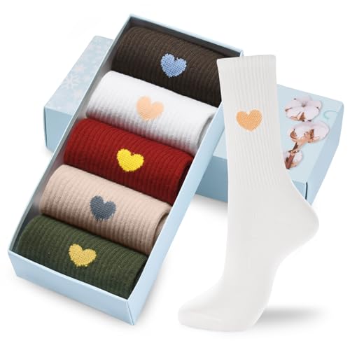 Image of Corlap Women's Cotton Crew Calf Socks - 5 Pairs Ankle High Dress Casual Socks, Fun Cute Heart Gifts for Mom Mother