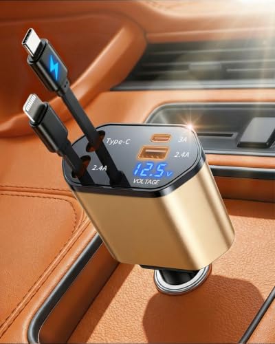 MimAuto 4 in 1 Retractable Car Charger, USB C Fast Charging Adapter, Gold