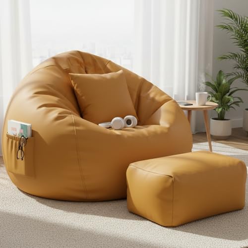 Image of Luxury 5XL Jumbo Bean Bag with Footrest & Cushion | Premium Leatherette | High-Density Beans Filled | Heavy Duty Double Stitch | 6 Months Warranty Color- (Navy Blue) (Yellow)