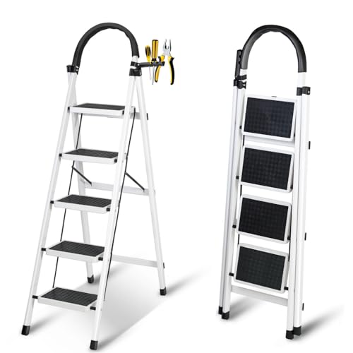 SKY-TOUCH Foldable Ladder 5 Steps Home Ladder Folding Step Stool with Wide Anti-Slip Pedal Adults Folding Sturdy Steel Ladder for Home Kitchen Garden Office