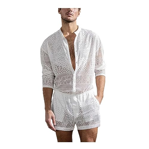 BaronHong Mens Sexy Top Shorts Suit Set Long Sleeve Lace Shirt Set Shorts Pants Hollow Outfit for Wedding Night