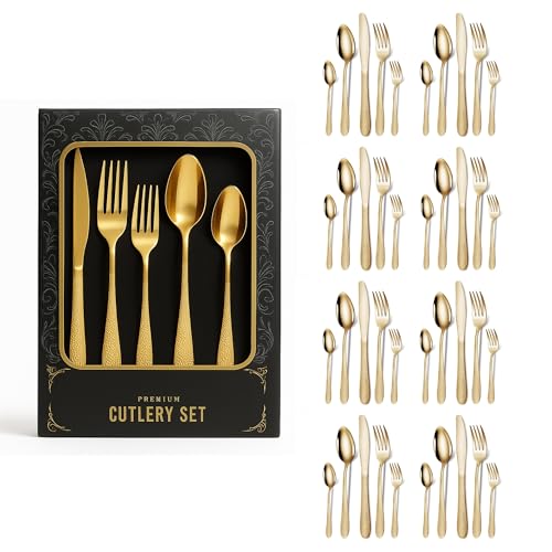 Image of aDai Premium 20 Piece Stainless Steel Cutlery Set | Elegant Hammered Handle Flatware | Includes Spoon Fork Knife Teaspoon | Durable Rust Resistant | Perfect for Gifting (Gold)