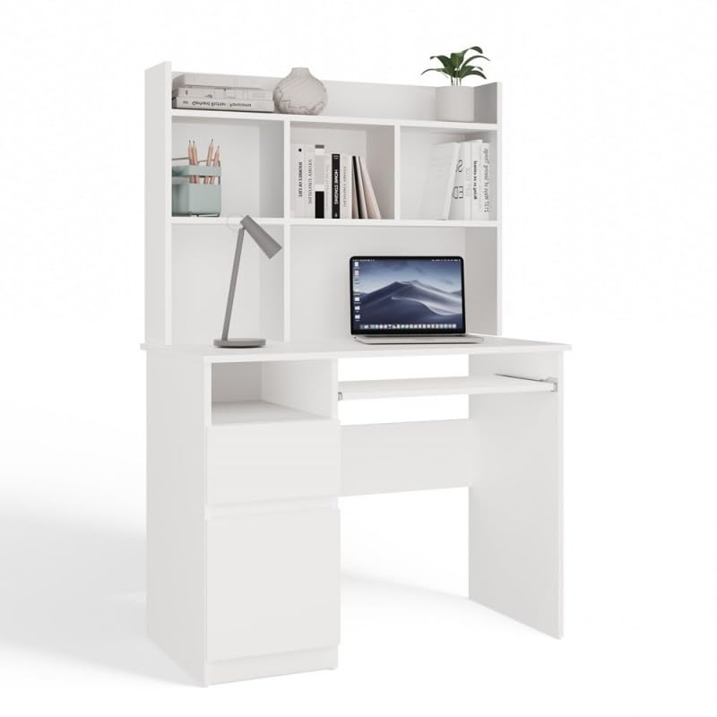 CDF Schreibtisch mit Aufsatz Porto Computertisch Arbeitstisch mit Regal Schublade Schrank Tastaturauszug Home Office Links 98 x 51 x 145 cm - Weiß