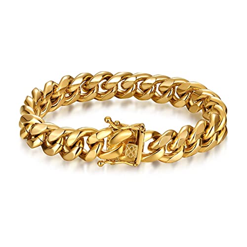 ROWIN&CO Stainless Steel Miami Cuban Link Bracelet for Men 15mm 18k Gold/Black/Silver/Rainbow Hip Hop Jewelry, Durable & Anti-Tarnish Cuban Chain, 8