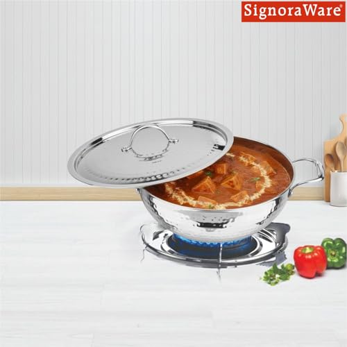 Image of Signoraware Artista Tri Ply Stainless Steel Hammered Shallow Kadhai 28cm with Lid | Gas & Induction Compatible | Stylish Indian Kadhai for Healthy Meal | Ideal for Daily Cooking (4.6 LTR | Steel)