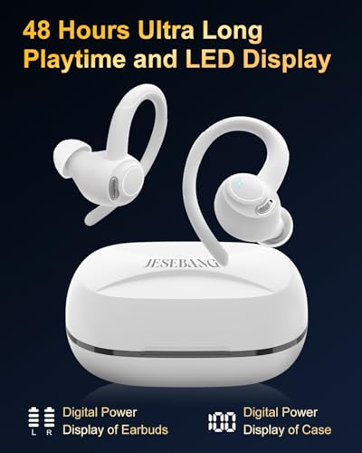 Image of Wireless Earbuds, Bluetooth 5.4 Headphones Sport, Over Ear Buds With ENC Noise Cancelling Mic, 48H, Wireless Earphone With Earhooks, Stereo Deep Bass, IP7 Waterproof ear bud for Workout Running, White