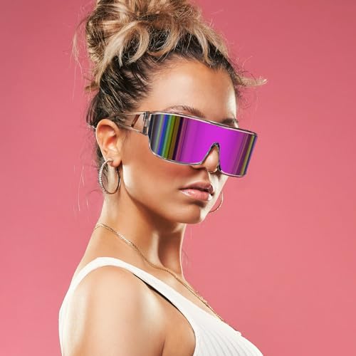 FEISEDY Trendy Futuristic Wrap Sunglasses Flat Top Mirrored One Piece Lens Reflective Sun Glasses for Women Men B01613