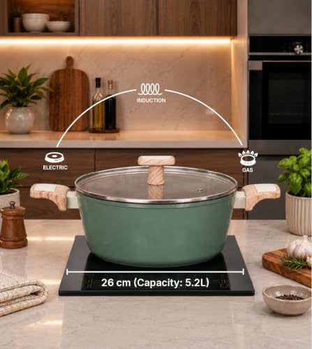 Image of Kreme Ceracook Ceramic Coated Granite Casserole 5.5Ltrs /26cm with Glass Lid, Stew Pot, Biriyani, ISI Certified, Forged Aluminium, Gas & Induction Use, PFAS & PTFE Free, 1 Yr Warranty, Olive Green