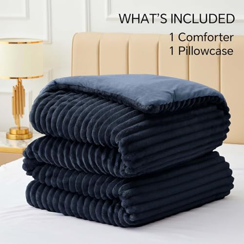 BEDELITE Fleece Twin Comforter Set -Super Soft & Warm Fluffy Navy Blue Bedding, Luxury Fuzzy Heavy Bed Set for Winter with 1 Pillow case