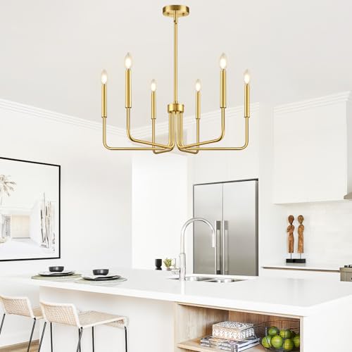 Brass Gold Chandelier, 6-Light Chandelier Light Fixture Farmhouse Chandeliers for Dining Room, Vintage Candle Pendant Light Fixtures Chandelier for Bedroom, Kitchen, Foyer, Entryway and Living Room