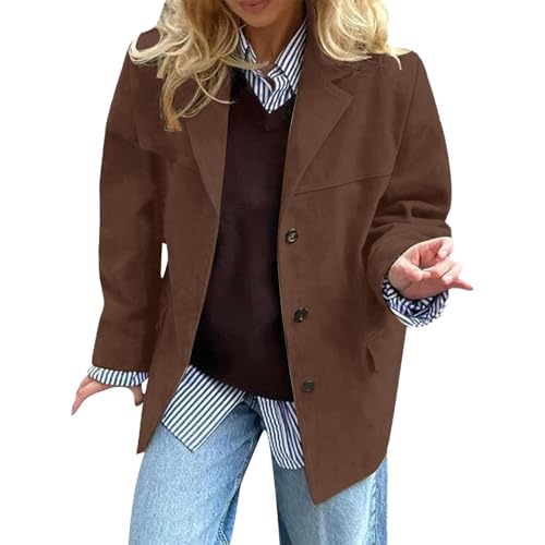 Generisch Chaquetas de ante para mujer, blazer de ante para mujer de talla grande, chaqueta de cuero sintético marrón, ropa de moda Old Money Academic Chic, marrón, M