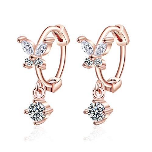 Earrings Hoops Studs Ear NailsShiny Butterfly Crystal Zircon Drop Earring 925 Silver for Women Jewelry Gifts-Rose_Gold