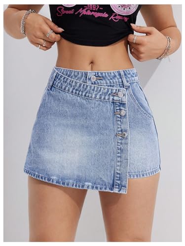 MakeMeChic Women's Wrap Denim Skirts Button Front Asymmetrical Hem Short Jean Skirt4