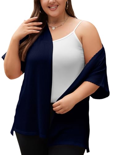 Image of Eytino Women Plus Size Lightweight Cardigan Half Sleeve Ribbed Knit Kimono Cardigans Tops(1X-5X)