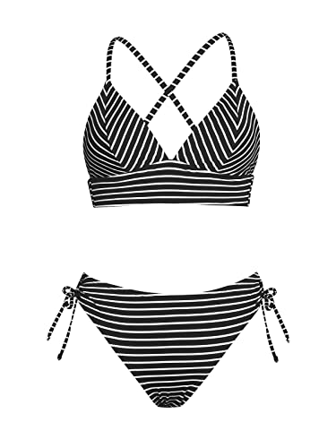 Cupshe Bikini Set For Women Two Piece Swimsuit V Neck Triangle Top Striped Crisscross Back Tie Mid Rise Drawstring M, Black #TOP6