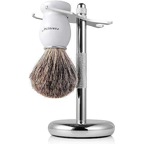 Perfecto White Shaver Brush + Chrome Stand Bundle Cover
