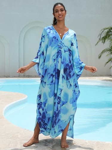 Image of IMAGEKOPE Women's Plus Size Animal Print V-Neck Batwing Kaftan Beach Dress Bathing Suit Cover-Up Loungewear