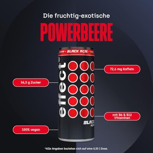 effect BLACK ACAI Energy Drink – Tray mit 24 x 330 ml Energy Dosen Einweg, Koffeinhaltiges Erfrischungsgetränk mit B-Vitaminen – fruchtiger & exotischer Acai Geschmack, vegan 3