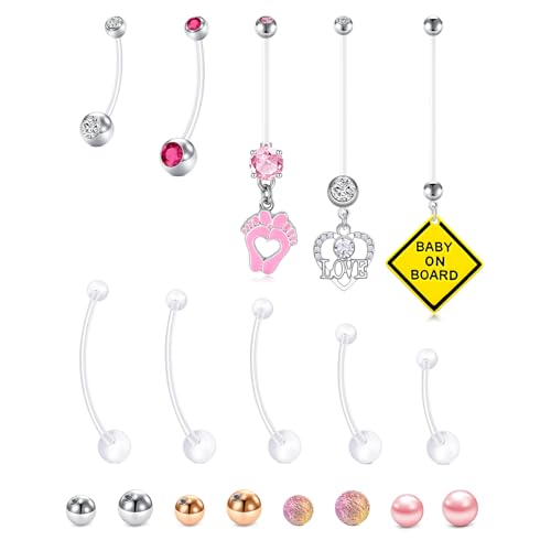TOKRING 14G Pregnancy Belly Button Rings Maternity Navel Piercing Jewelry Long Clear Flexible Plastic Barbell Belly Ring Retainer for Pregnant Women with Replacement Balls 18mm-38mm