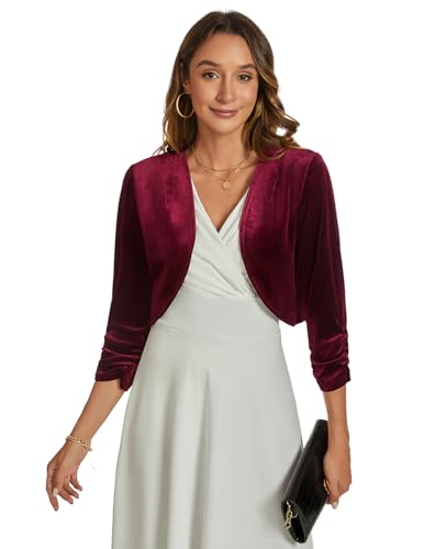 Image of Womens Velvet Bolero Shrug Elegant Open Front Ruched 3 /4 Sleeve Cocktail Party Cropped Cardigan