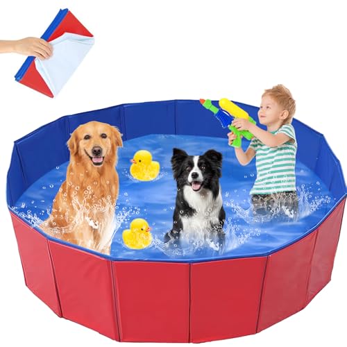 Kinfezlon Hundepool, Hundepool I Faltbar, 60 x 20CM Hunde Pools für Kleine & Mittlere Hunde, PVC Anti-Rutsch Verschleißfester für Kinder, Katzen und Hunde im Garten- ROT